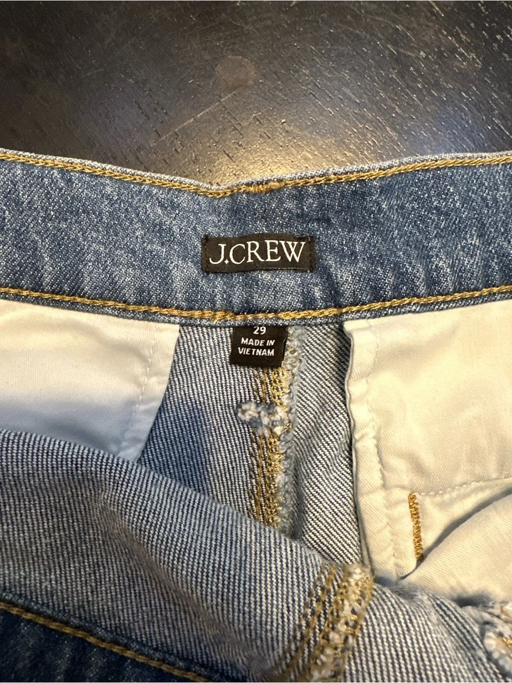 J. Crew Denim High-Rise Jean Shorts in Light Blue with Gold Buttons